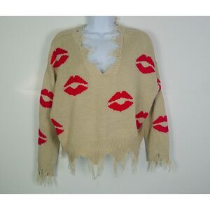 JUST POLLY NEW YORK WOMEN TAN DISTRESS V-NECK KNIT SWEATER. SIZE SMALL